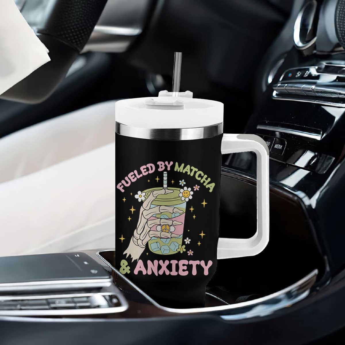 Funny Fueled By Matcha And Anxiety Tumbler With Handle Matcha Lover TS11 Print Your Wear