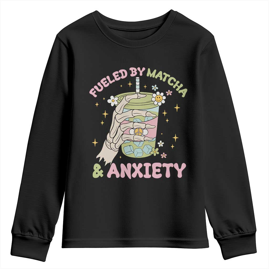 Funny Fueled By Matcha And Anxiety Youth Sweatshirt Matcha Lover TS11 Black Print Your Wear