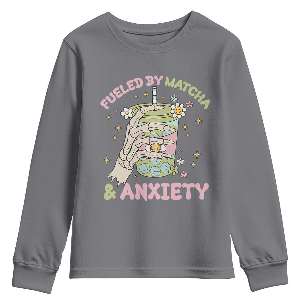 Funny Fueled By Matcha And Anxiety Youth Sweatshirt Matcha Lover TS11 Charcoal Print Your Wear