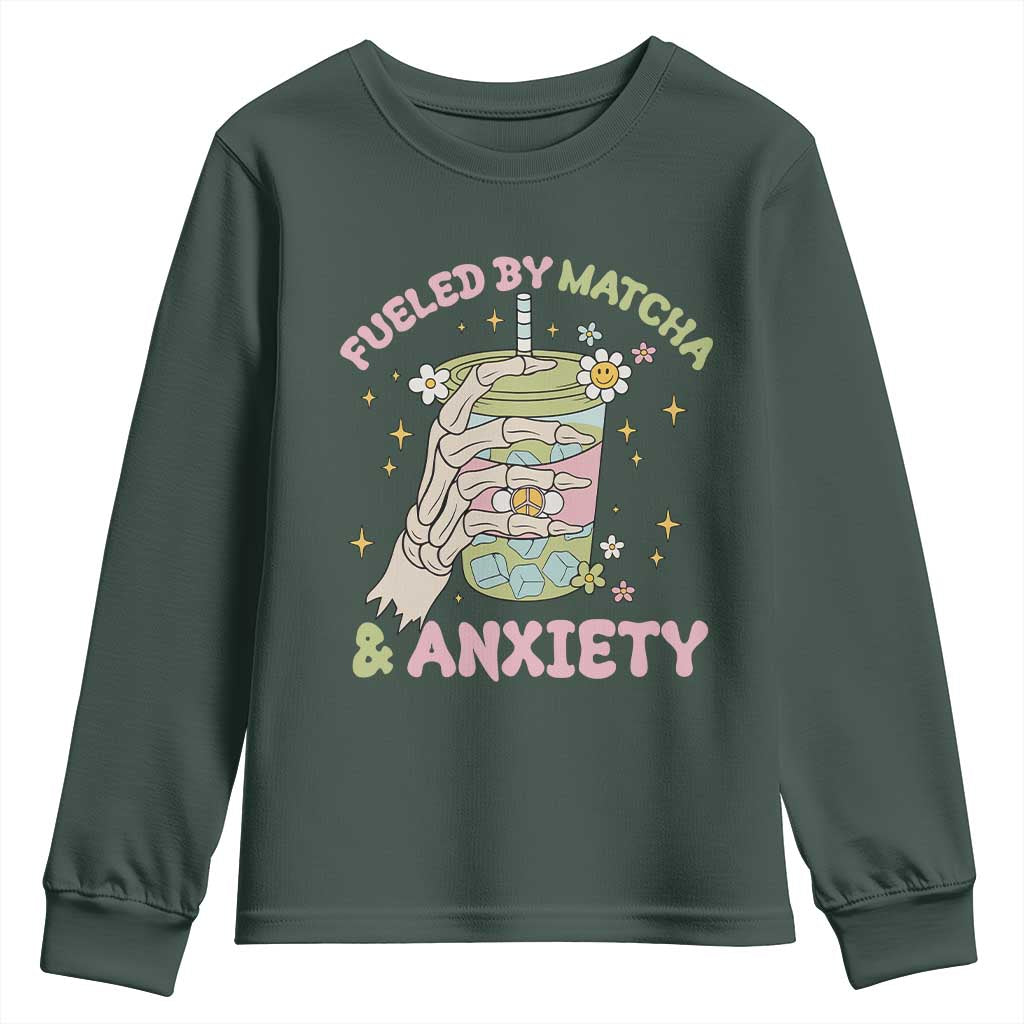 Funny Fueled By Matcha And Anxiety Youth Sweatshirt Matcha Lover TS11 Dark Forest Green Print Your Wear