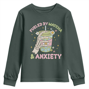 Funny Fueled By Matcha And Anxiety Youth Sweatshirt Matcha Lover TS11 Dark Forest Green Print Your Wear