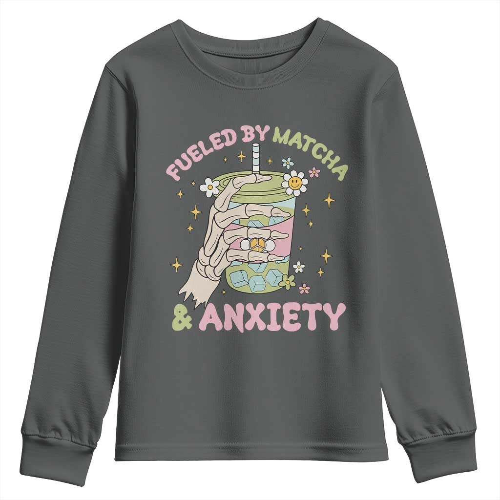 Funny Fueled By Matcha And Anxiety Youth Sweatshirt Matcha Lover TS11 Dark Heather Print Your Wear