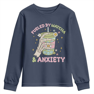 Funny Fueled By Matcha And Anxiety Youth Sweatshirt Matcha Lover TS11 Navy Print Your Wear
