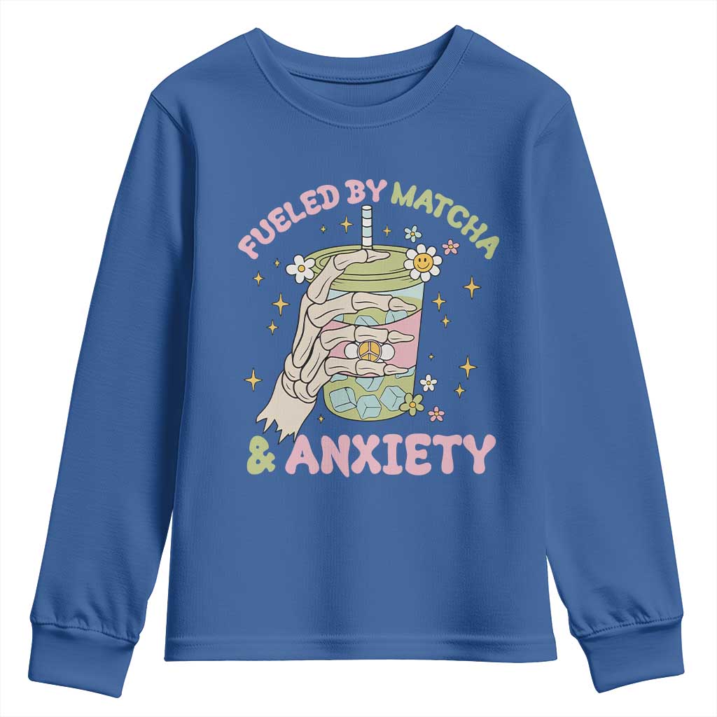 Funny Fueled By Matcha And Anxiety Youth Sweatshirt Matcha Lover TS11 Royal Blue Print Your Wear