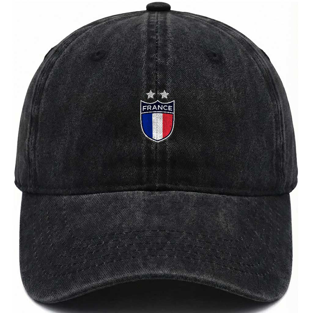 Vintage France Football Crest Two Stars French Flag Washed Cotton Baseball Cap
