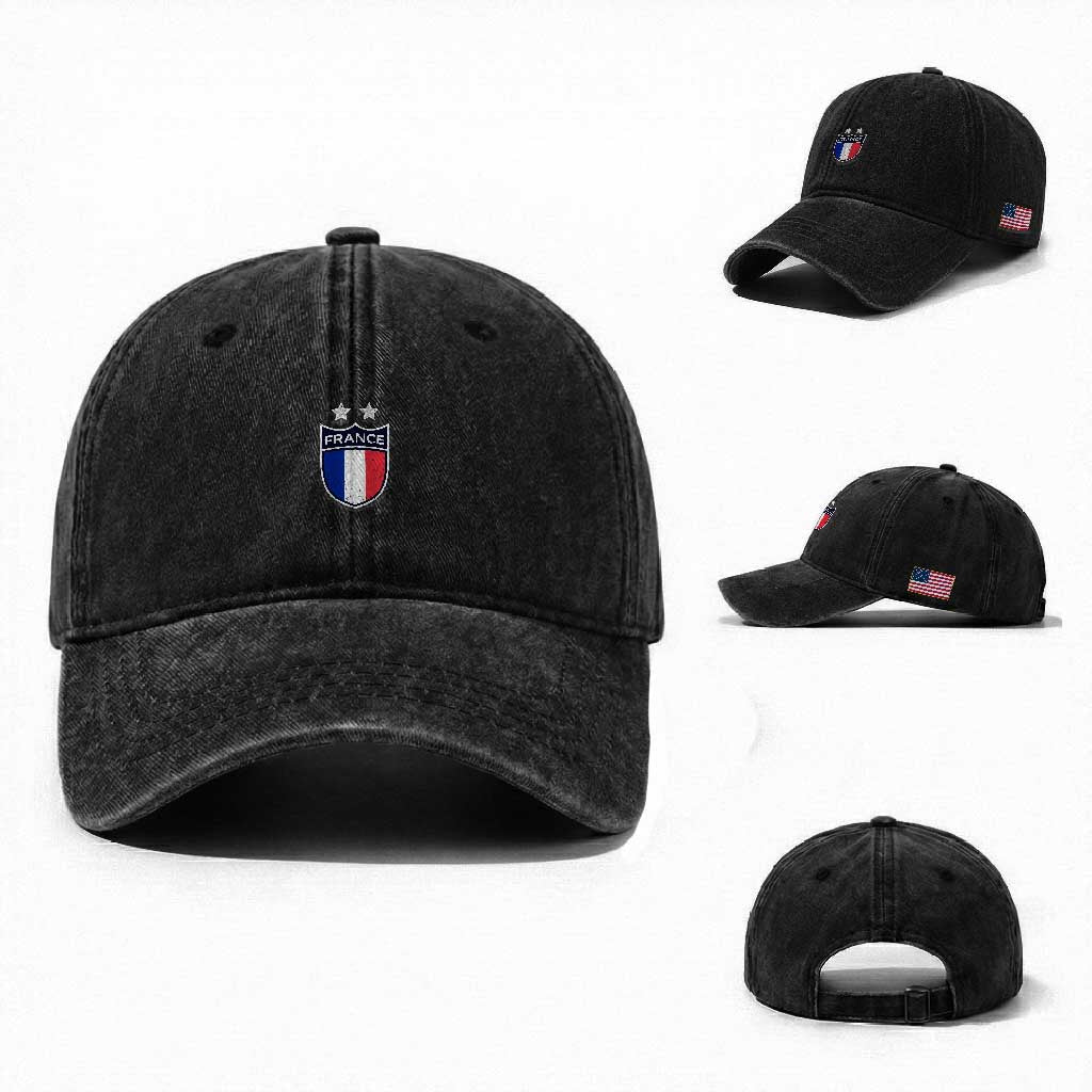 Vintage France Football Crest Two Stars French Flag Washed Cotton Baseball Cap