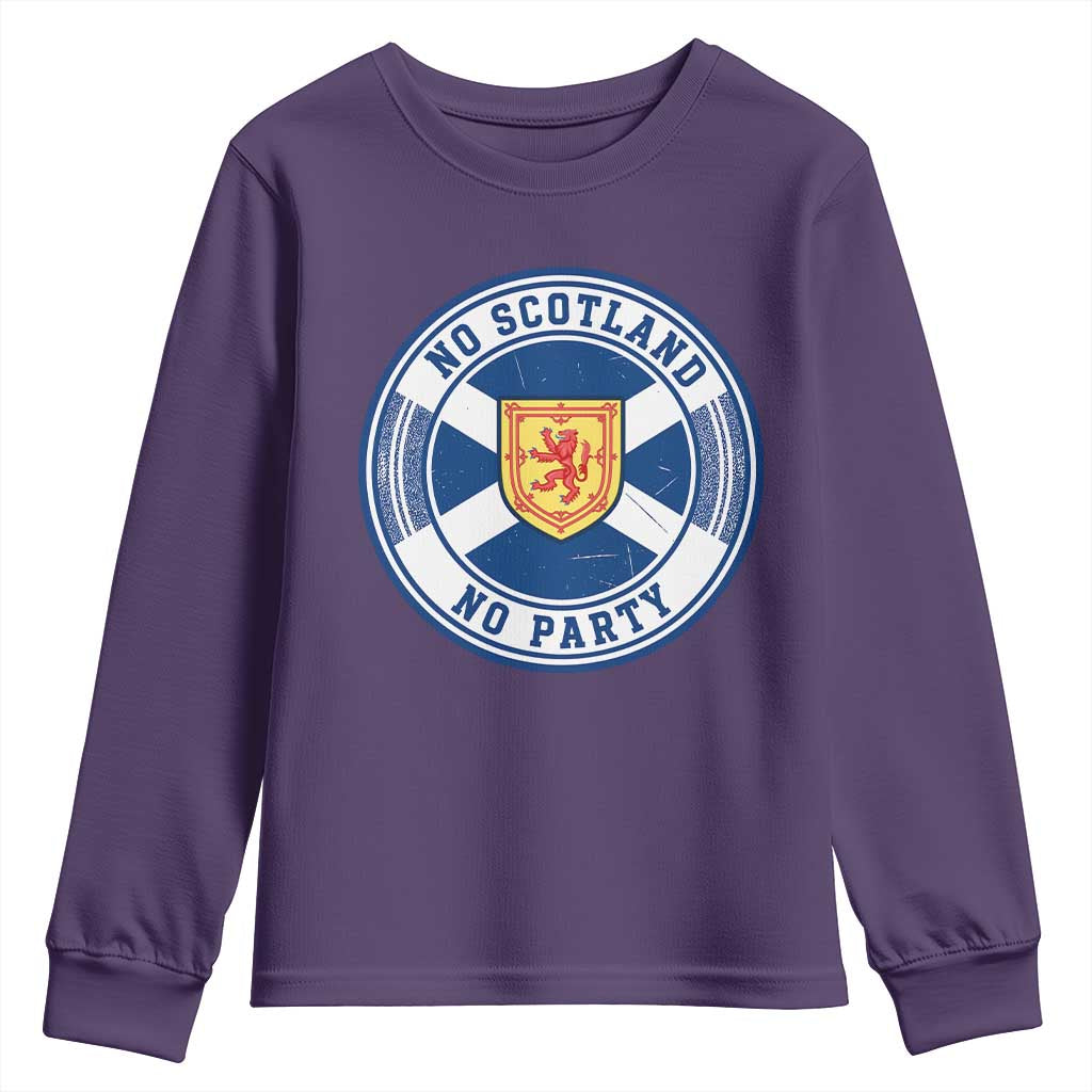 No Scotland No Party Youth Sweatshirt Scottish Lion Rampant Crest Vintage Saltire Flag