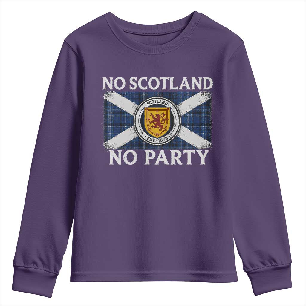 No Scotland No Party Youth Sweatshirt Lion Rampant Crest Scottish Tartan Flag