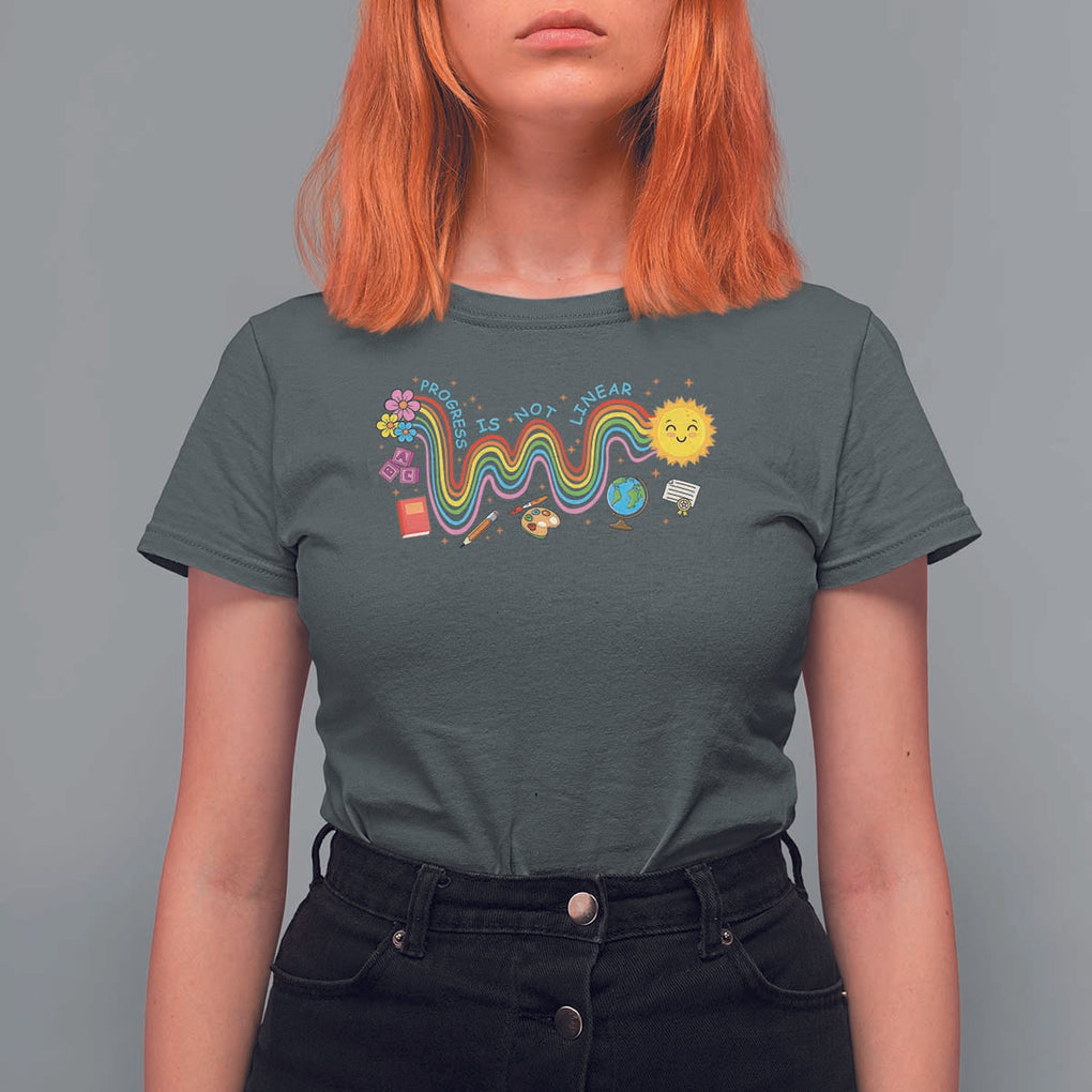 Special Education Teacher T Shirt For Women Progress Is Not Linear Back To School Sun Flower TS11 Dark Heather Print Your Wear