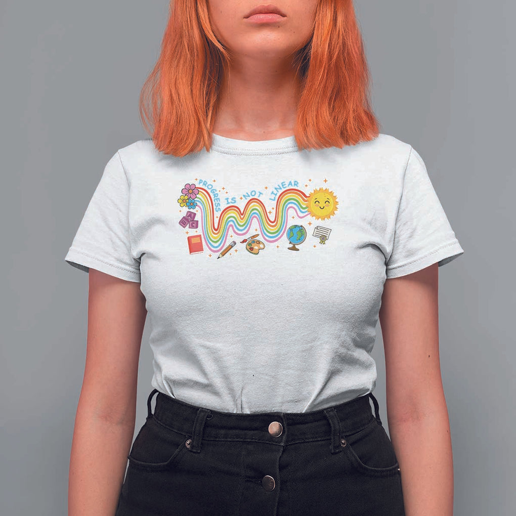 Special Education Teacher T Shirt For Women Progress Is Not Linear Back To School Sun Flower TS11 White Print Your Wear