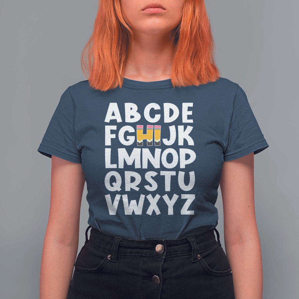 Funny Pre K Kindergarten T Shirt For Women Hi Alphabet Back To School Teachers Pencil TS11 Navy Print Your Wear