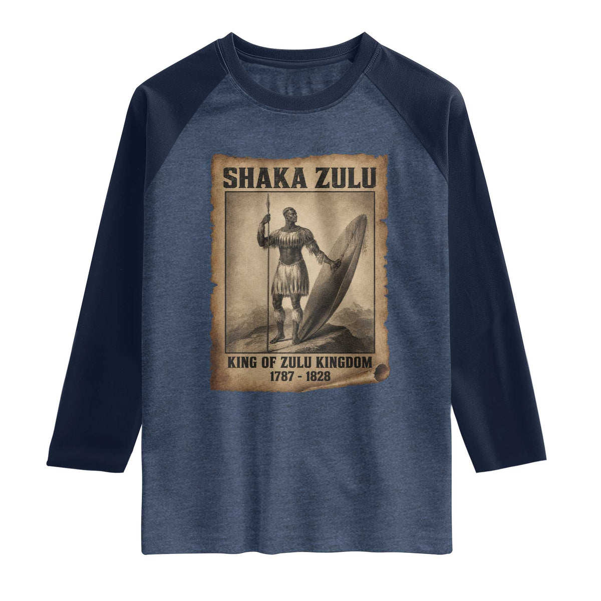 Shaka Zulu Raglan Shirt King of Zulu Kingdom Indigenous African Tribe TS11 Heather Denim Navy Print Your Wear