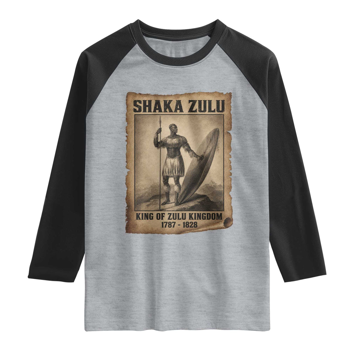Shaka Zulu Raglan Shirt King of Zulu Kingdom Indigenous African Tribe TS11 Heather Gray Black Print Your Wear
