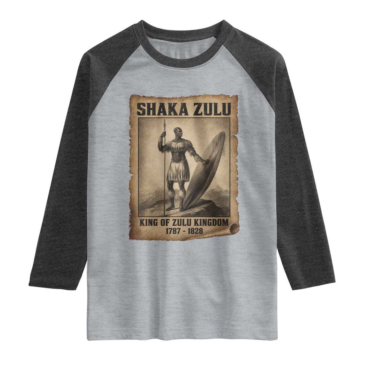 Shaka Zulu Raglan Shirt King of Zulu Kingdom Indigenous African Tribe TS11 Heather Gray Heather Charcoal Print Your Wear