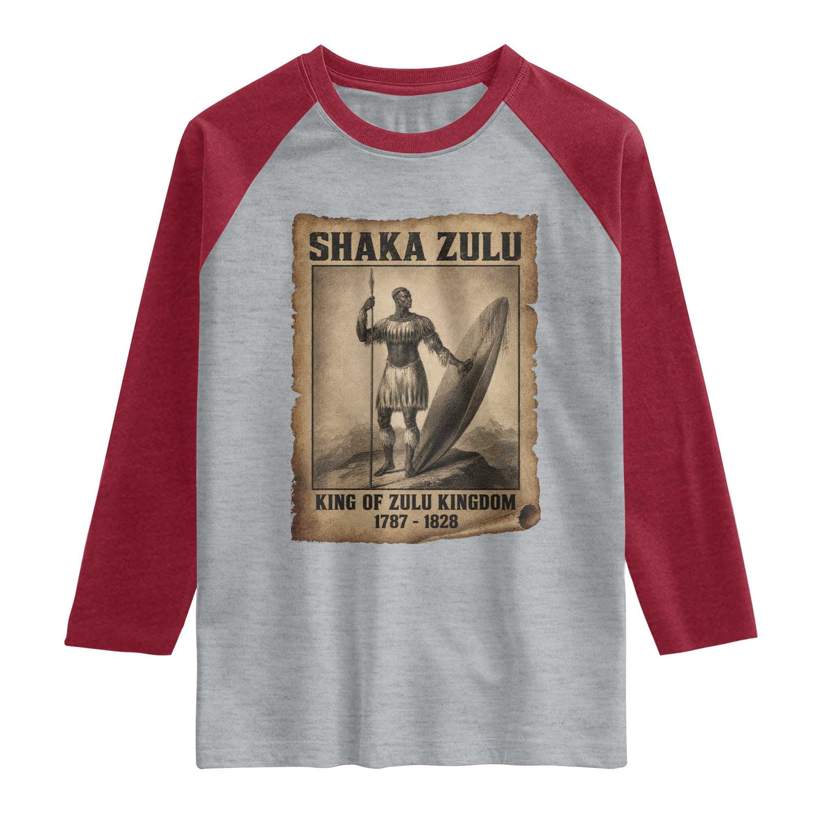 Shaka Zulu Raglan Shirt King of Zulu Kingdom Indigenous African Tribe TS11 Heather Gray Heather Red Print Your Wear
