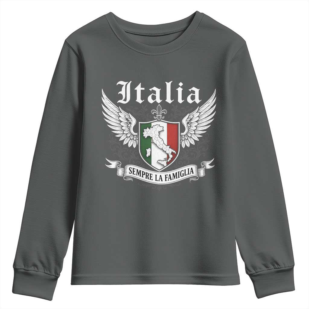 Italy Italia Sempre La Famiglia Youth Sweatshirt Family Is Everything Italian Saying TS11 Dark Heather Print Your Wear