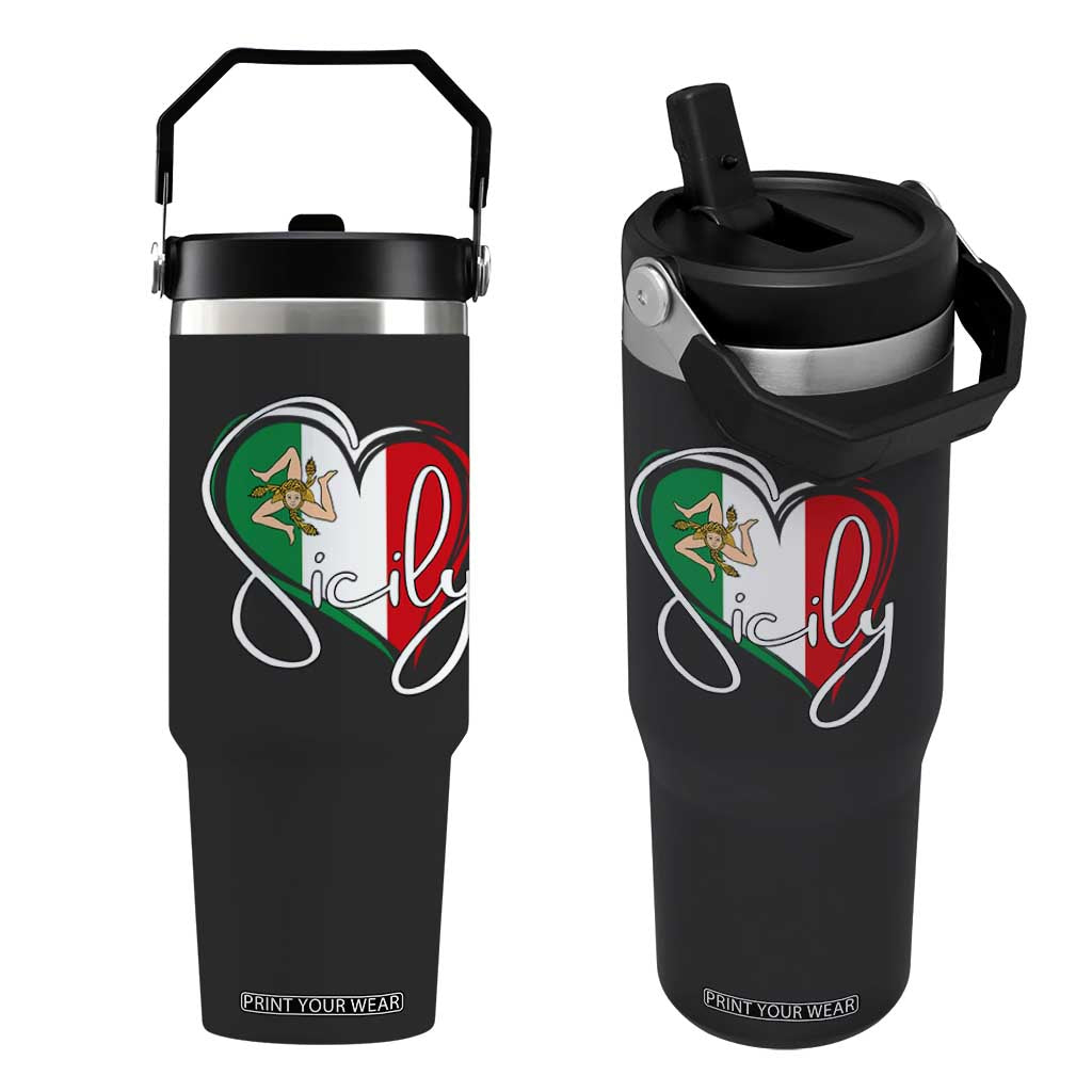 Sicily Palermo Italy Medusa Sicilia Heart Italian Flag Flip Straw Tumbler TS11 One Size: 30 oz Black Print Your Wear