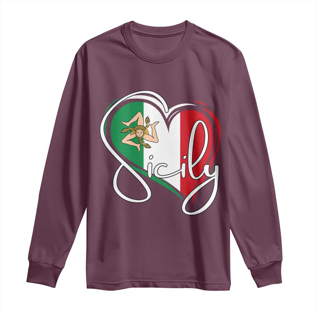 Sicily Palermo Italy Medusa Sicilia Heart Italian Flag Long Sleeve Shirt TS11 Maroon Print Your Wear