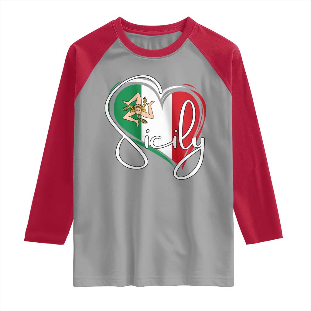 Sicily Palermo Italy Medusa Sicilia Heart Italian Flag Raglan Shirt TS11 Sport Gray Red Print Your Wear