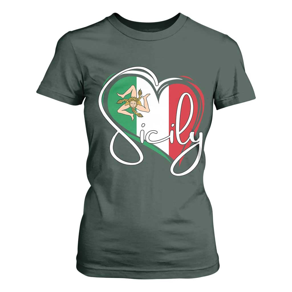 Sicily Palermo Italy Medusa Sicilia Heart Italian Flag T Shirt For Women TS11 Dark Forest Green Print Your Wear