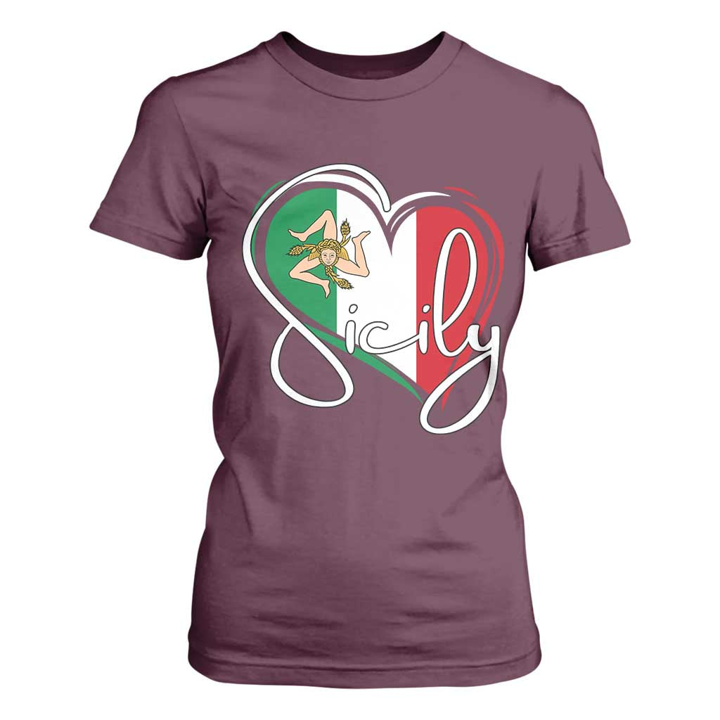 Sicily Palermo Italy Medusa Sicilia Heart Italian Flag T Shirt For Women TS11 Maroon Print Your Wear