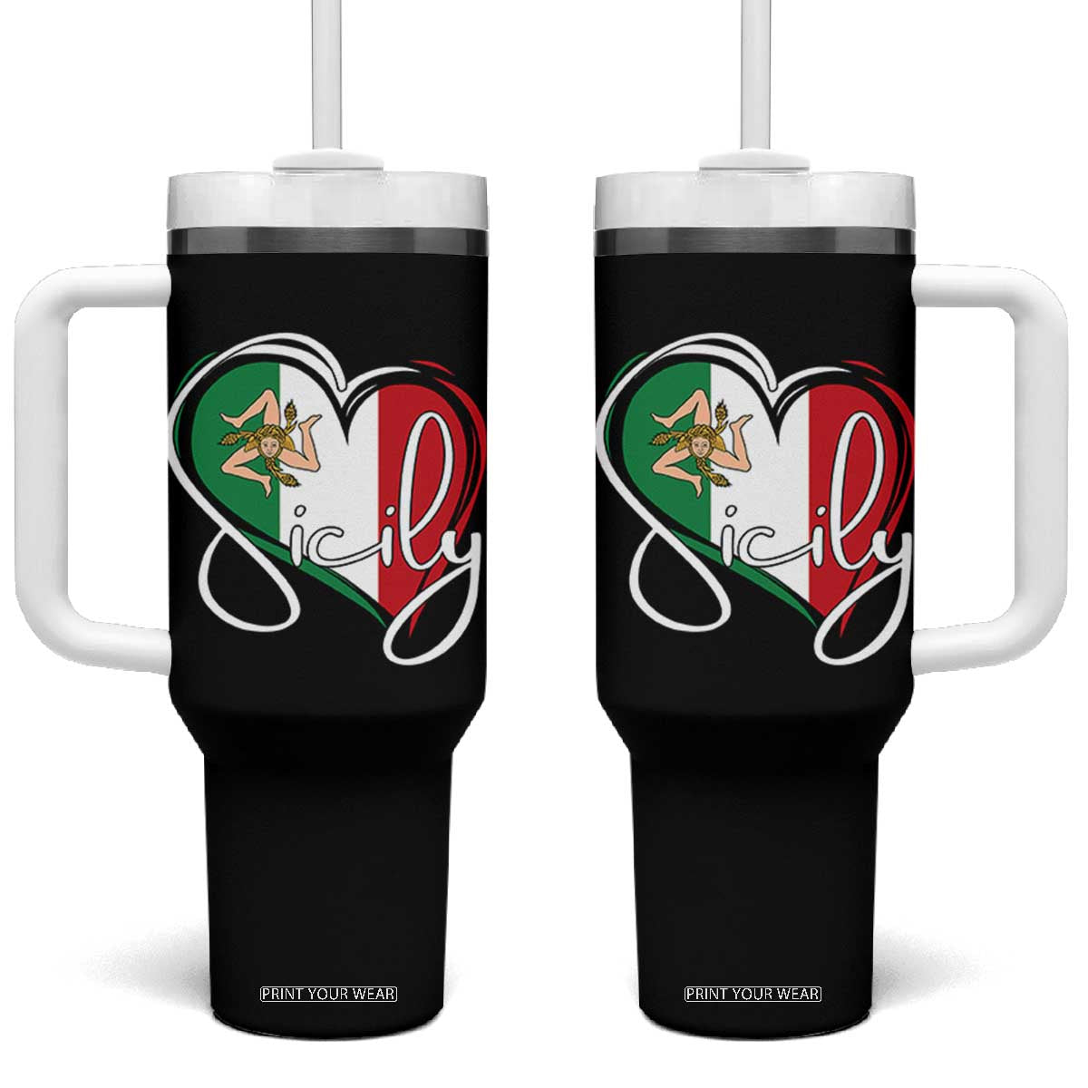 Sicily Palermo Italy Medusa Sicilia Heart Italian Flag Tumbler With Handle TS11 One Size: 40 oz Black Print Your Wear