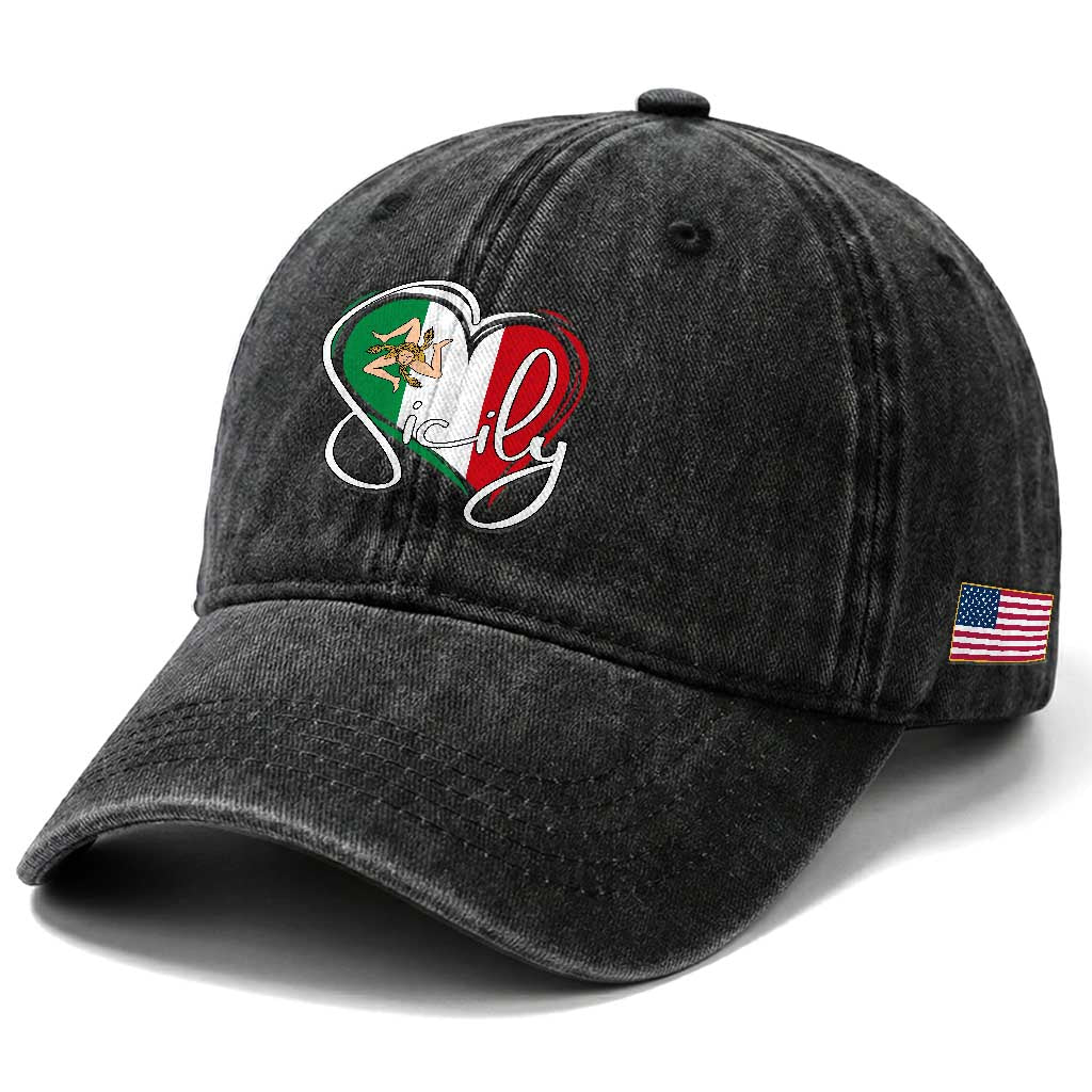 Sicily Palermo Italy Medusa Sicilia Heart Italian Flag Washed Cotton Baseball Cap TS11 Print Your Wear