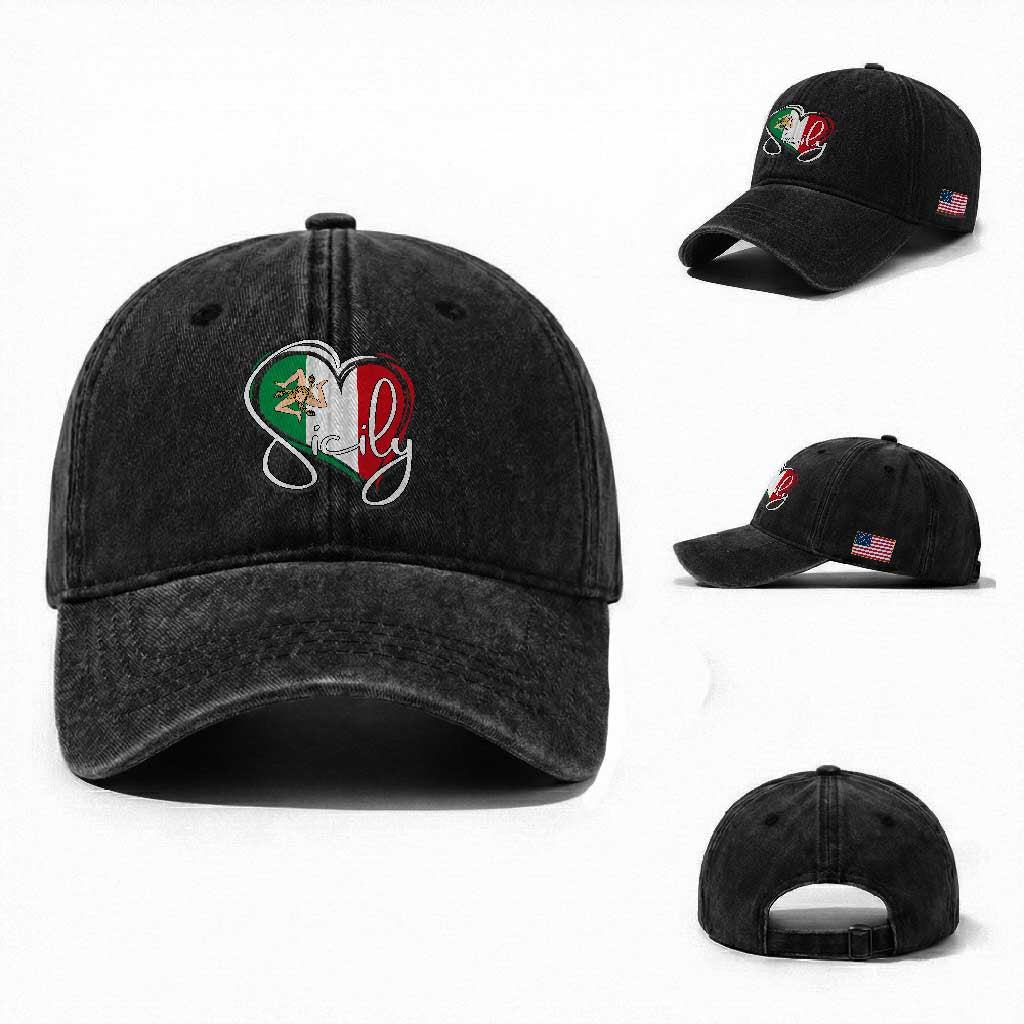 Sicily Palermo Italy Medusa Sicilia Heart Italian Flag Washed Cotton Baseball Cap TS11 Washed Cap Universal Fit Black Print Your Wear