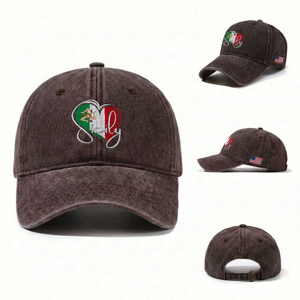 Sicily Palermo Italy Medusa Sicilia Heart Italian Flag Washed Cotton Baseball Cap TS11 Washed Cap Universal Fit Dark Brown Print Your Wear
