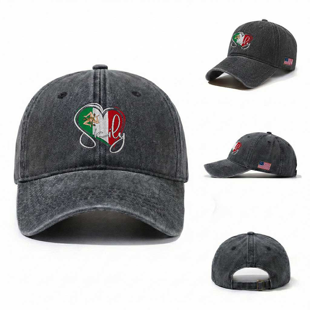 Sicily Palermo Italy Medusa Sicilia Heart Italian Flag Washed Cotton Baseball Cap TS11 Washed Cap Universal Fit Dark Gray Print Your Wear