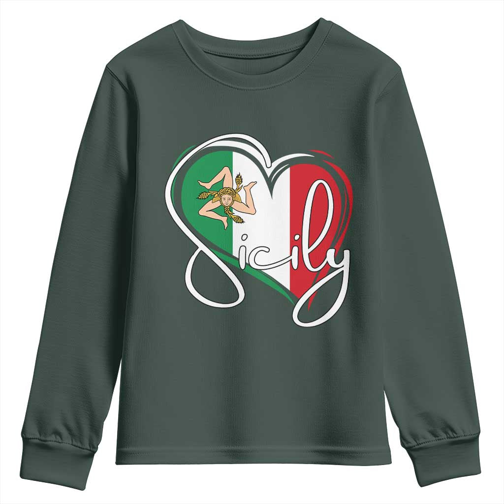Sicily Palermo Italy Medusa Sicilia Heart Italian Flag Youth Sweatshirt TS11 Dark Forest Green Print Your Wear