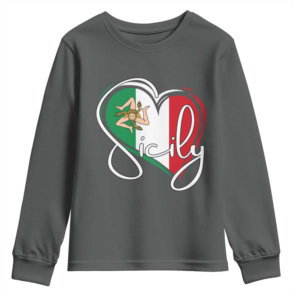 Sicily Palermo Italy Medusa Sicilia Heart Italian Flag Youth Sweatshirt TS11 Dark Heather Print Your Wear