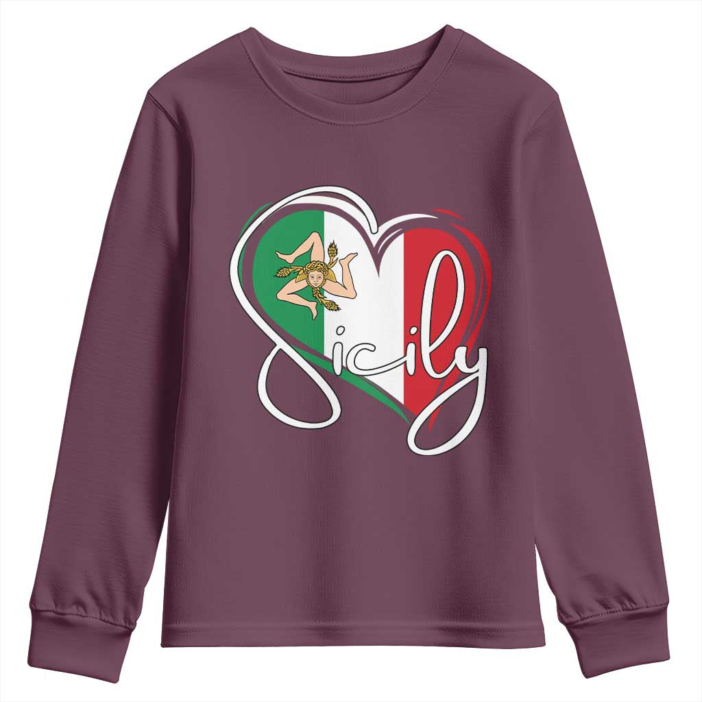 Sicily Palermo Italy Medusa Sicilia Heart Italian Flag Youth Sweatshirt TS11 Maroon Print Your Wear