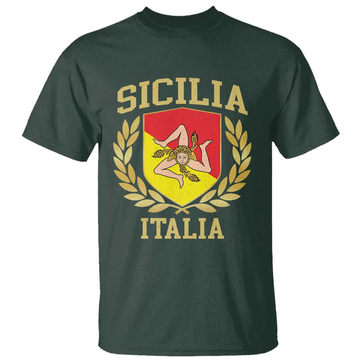 Sicilia Flag Sicily Palermo Italy Triskelion T Shirt TS11 Dark Forest Green Print Your Wear