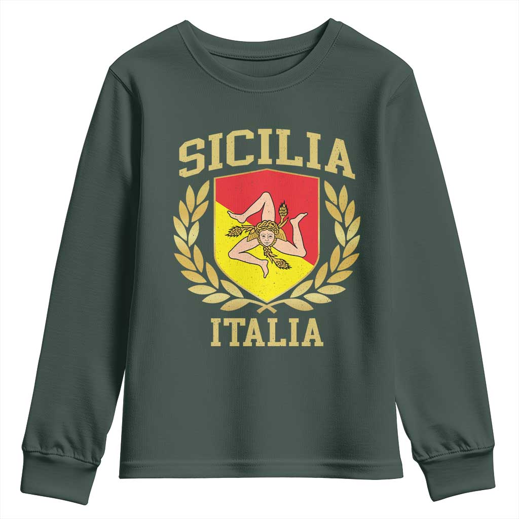 Sicilia Flag Sicily Palermo Italy Triskelion Youth Sweatshirt TS11 Dark Forest Green Print Your Wear