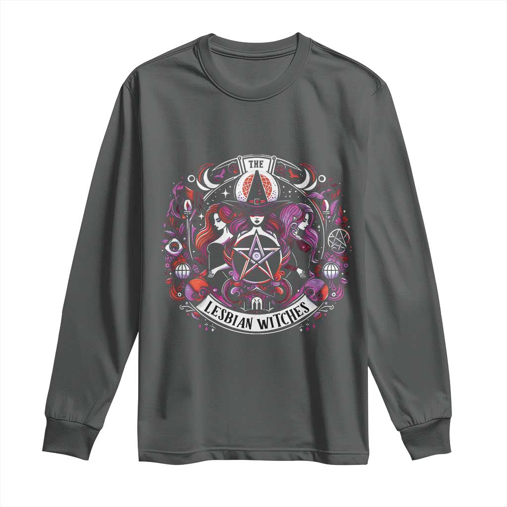 Halloween LGBT Long Sleeve Shirt The Lesbian Witches Pride Flag Pentagram TS11 Dark Heather Print Your Wear