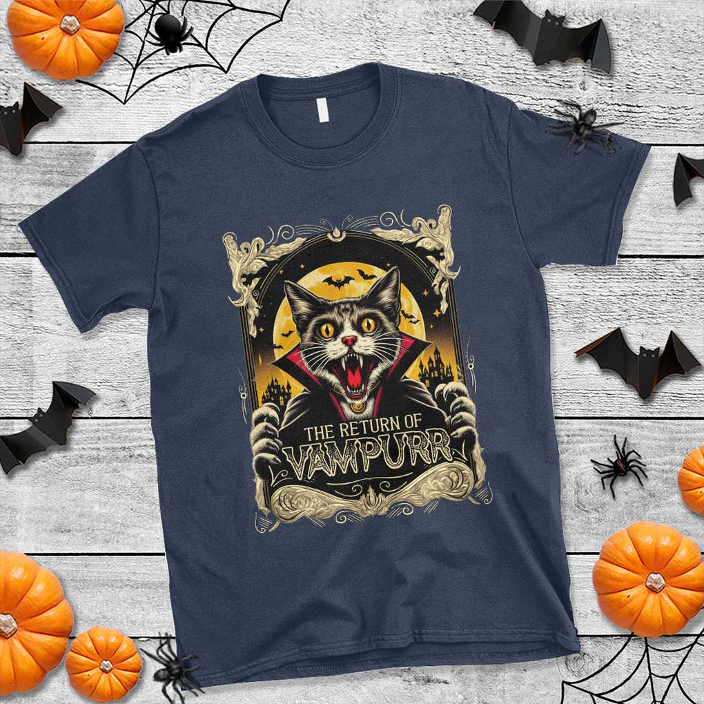 Funny Halloween Cat T Shirt The Return Of Vampurr Scary Vampire Moon Bat TS11 Navy Print Your Wear