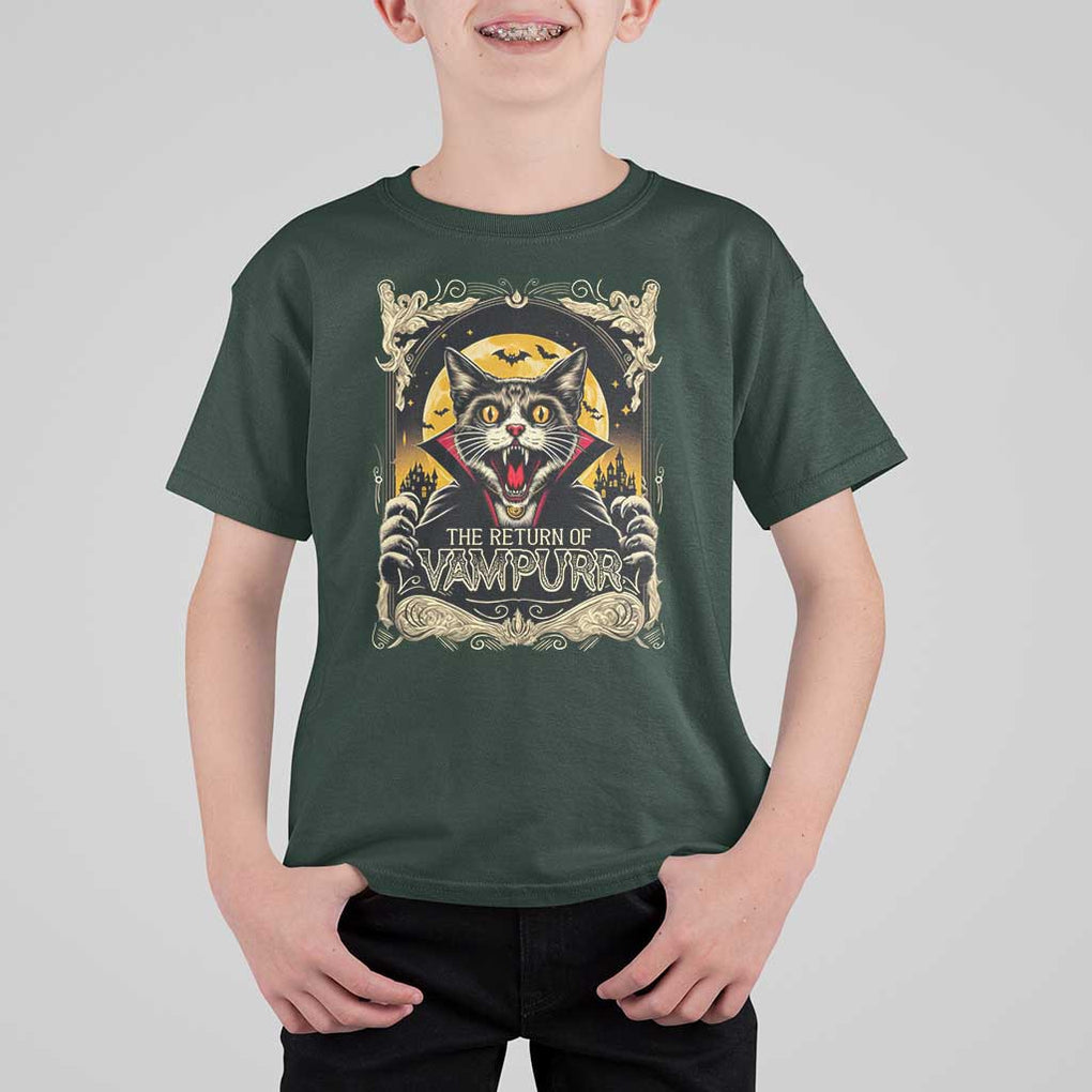 Funny Halloween Cat T Shirt For Kid The Return Of Vampurr Scary Vampire Moon Bat TS11 Dark Forest Green Print Your Wear