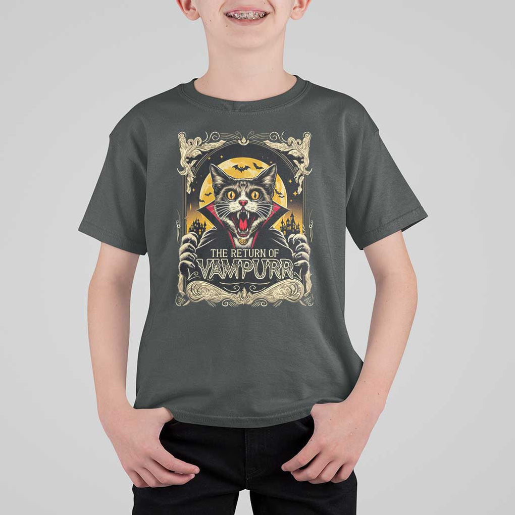 Funny Halloween Cat T Shirt For Kid The Return Of Vampurr Scary Vampire Moon Bat TS11 Dark Heather Print Your Wear