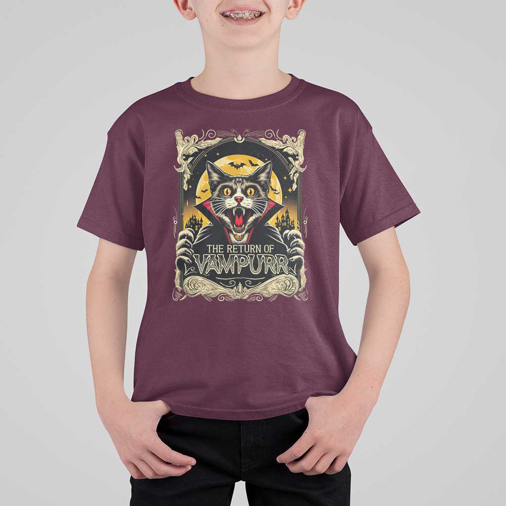 Funny Halloween Cat T Shirt For Kid The Return Of Vampurr Scary Vampire Moon Bat TS11 Maroon Print Your Wear