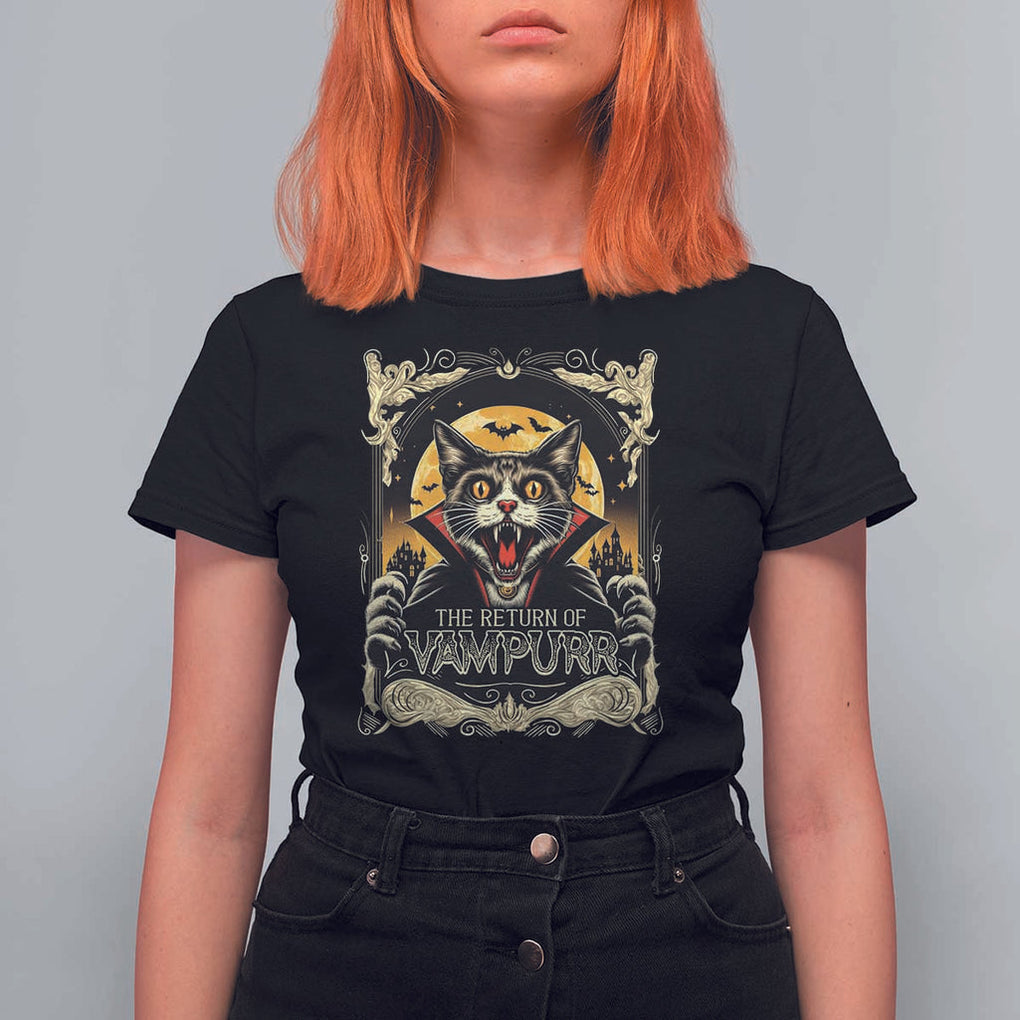 Funny Halloween Cat T Shirt For Women The Return Of Vampurr Scary Vampire Moon Bat TS11 Black Print Your Wear