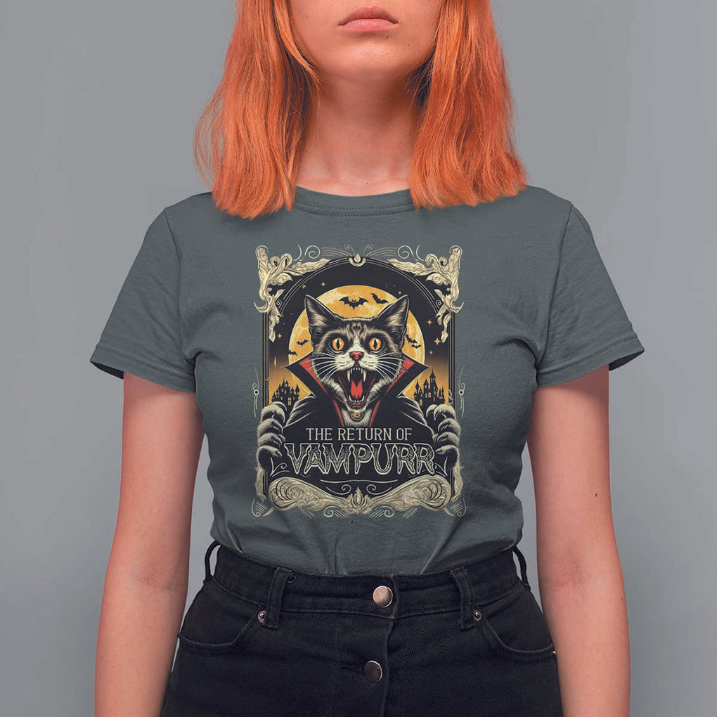 Funny Halloween Cat T Shirt For Women The Return Of Vampurr Scary Vampire Moon Bat TS11 Dark Heather Print Your Wear