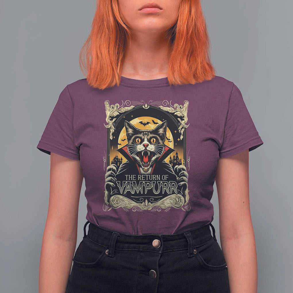 Funny Halloween Cat T Shirt For Women The Return Of Vampurr Scary Vampire Moon Bat TS11 Maroon Print Your Wear