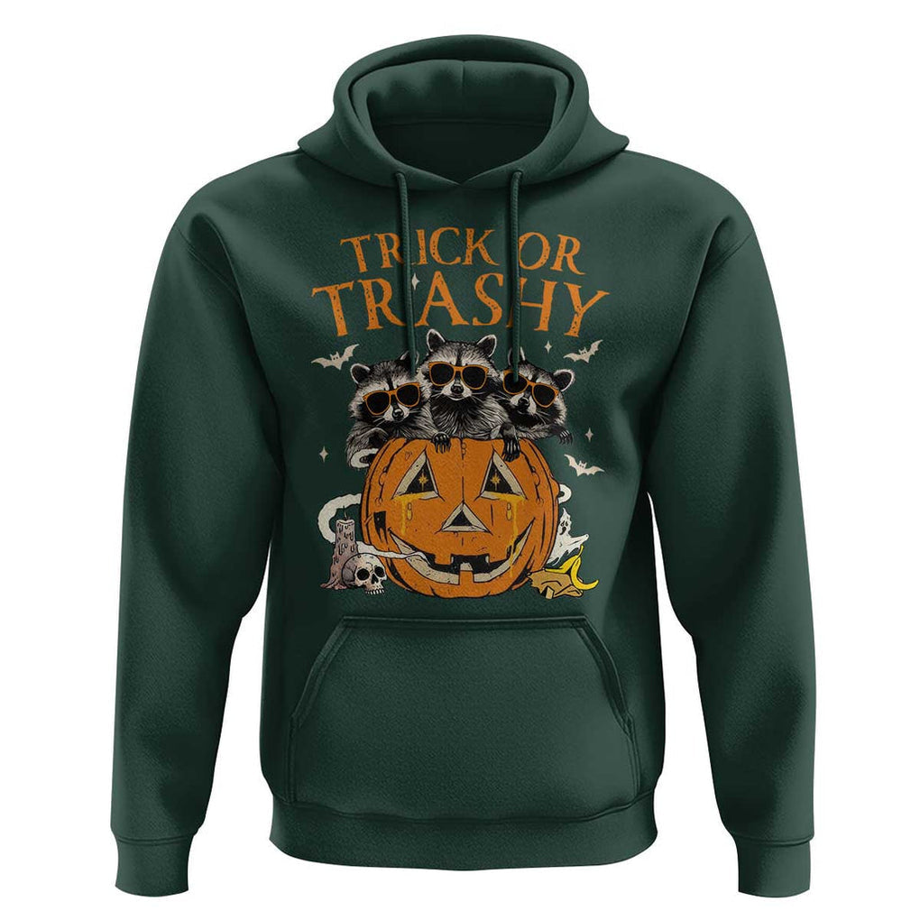 Funny Halloween Hoodie Trick Or Trashy Racoon Vintage Pumpkin Bat Trash TS11 Dark Forest Green Print Your Wear
