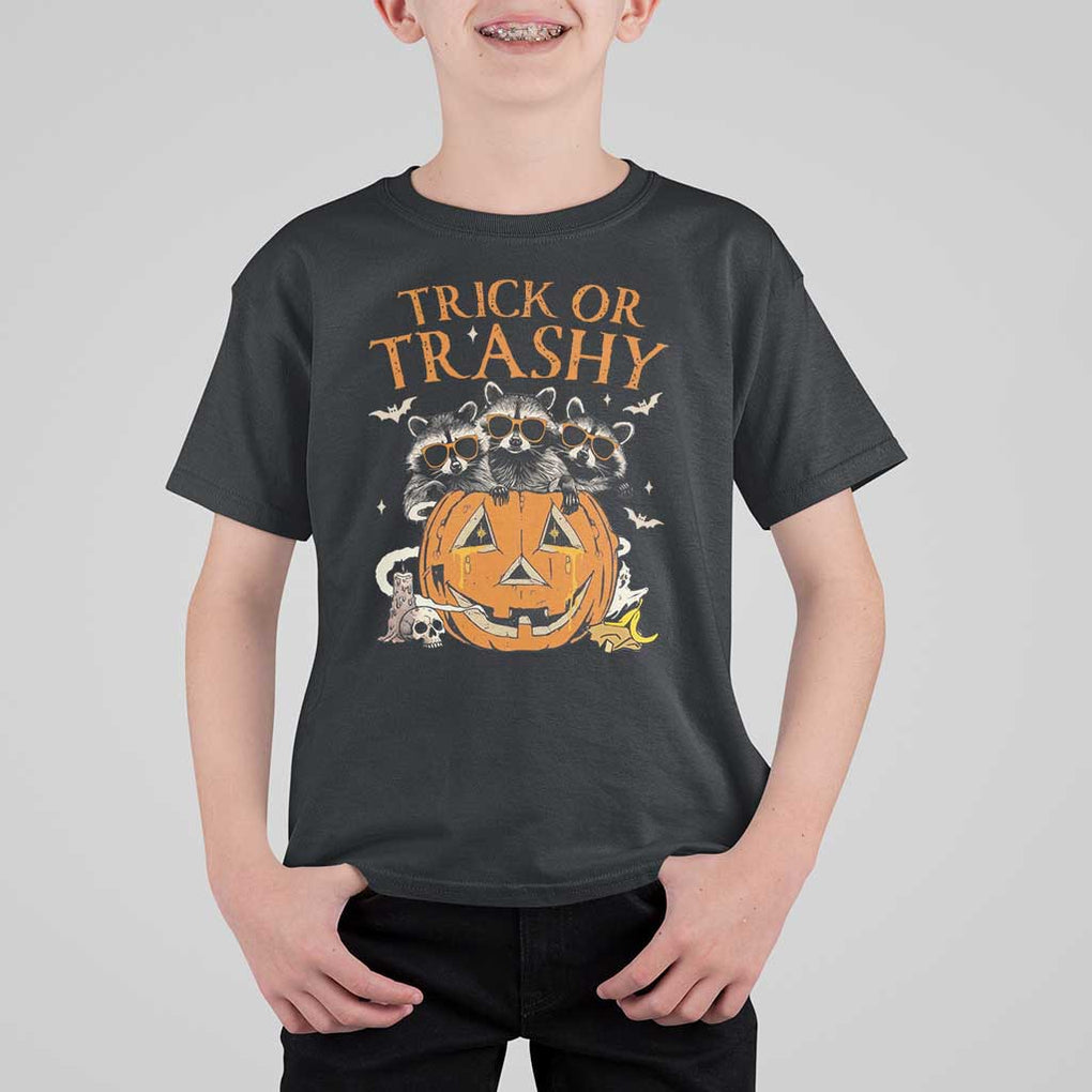 Funny Halloween T Shirt For Kid Trick Or Trashy Racoon Vintage Pumpkin Bat Trash TS11 Black Print Your Wear