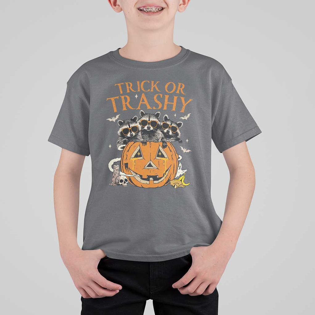 Funny Halloween T Shirt For Kid Trick Or Trashy Racoon Vintage Pumpkin Bat Trash TS11 Charcoal Print Your Wear