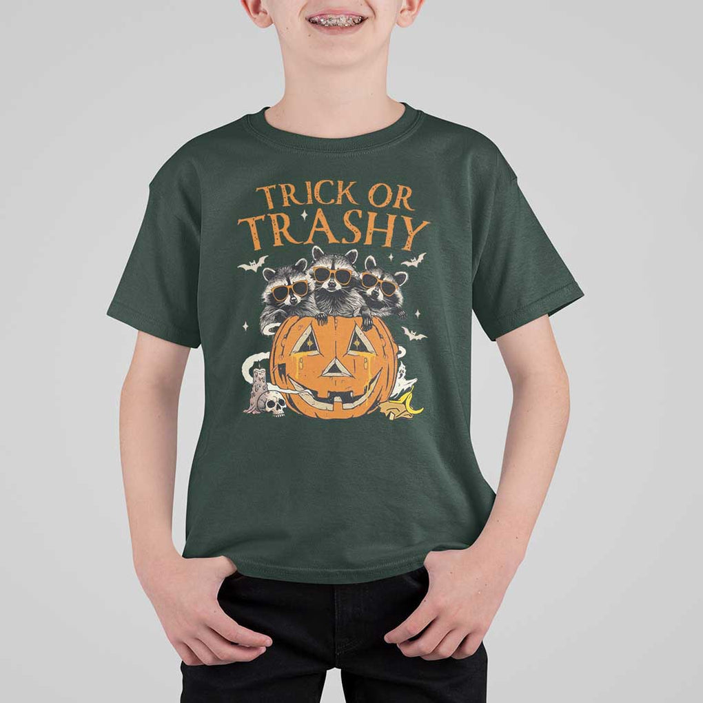 Funny Halloween T Shirt For Kid Trick Or Trashy Racoon Vintage Pumpkin Bat Trash TS11 Dark Forest Green Print Your Wear