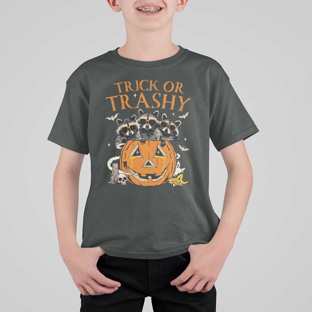 Funny Halloween T Shirt For Kid Trick Or Trashy Racoon Vintage Pumpkin Bat Trash TS11 Dark Heather Print Your Wear