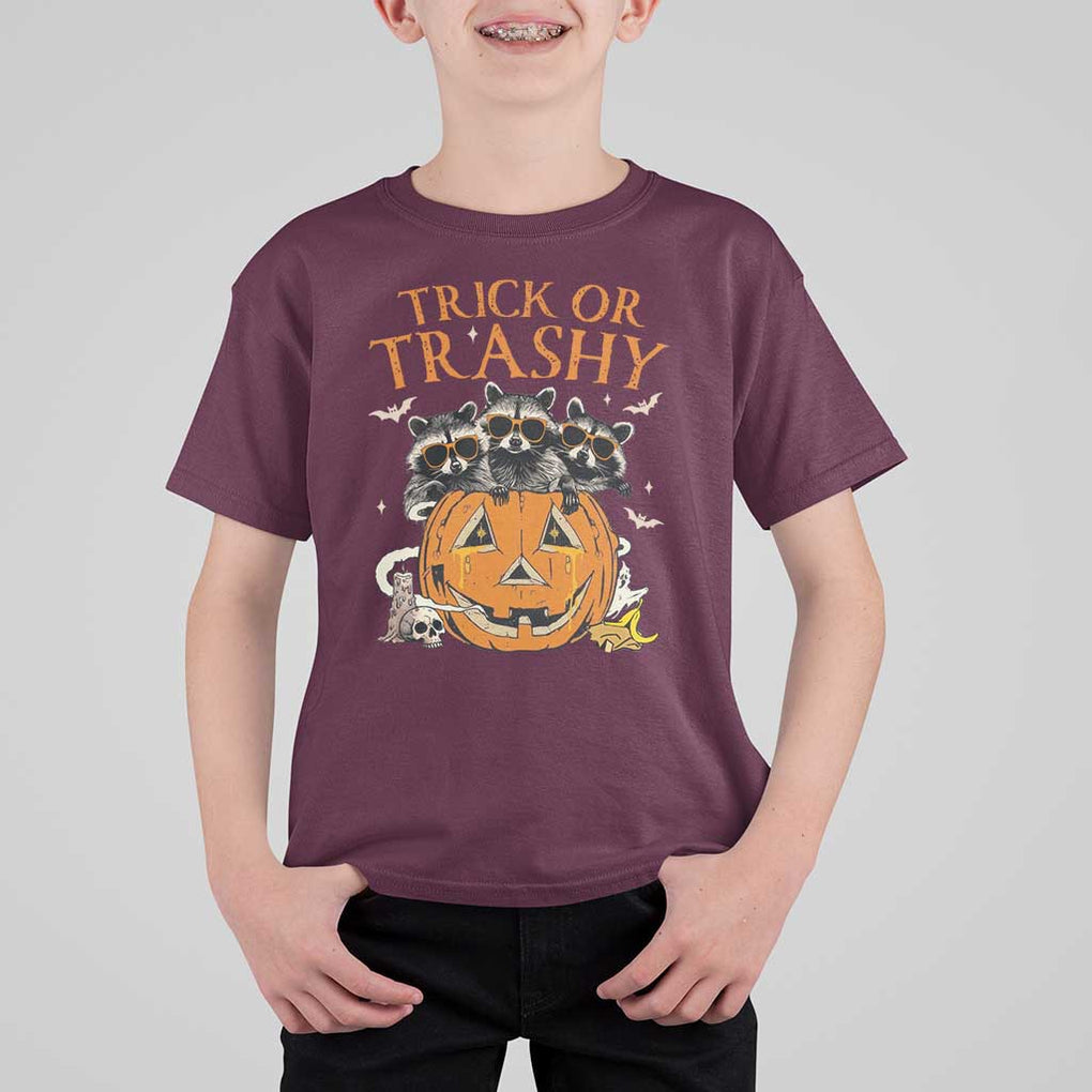 Funny Halloween T Shirt For Kid Trick Or Trashy Racoon Vintage Pumpkin Bat Trash TS11 Maroon Print Your Wear