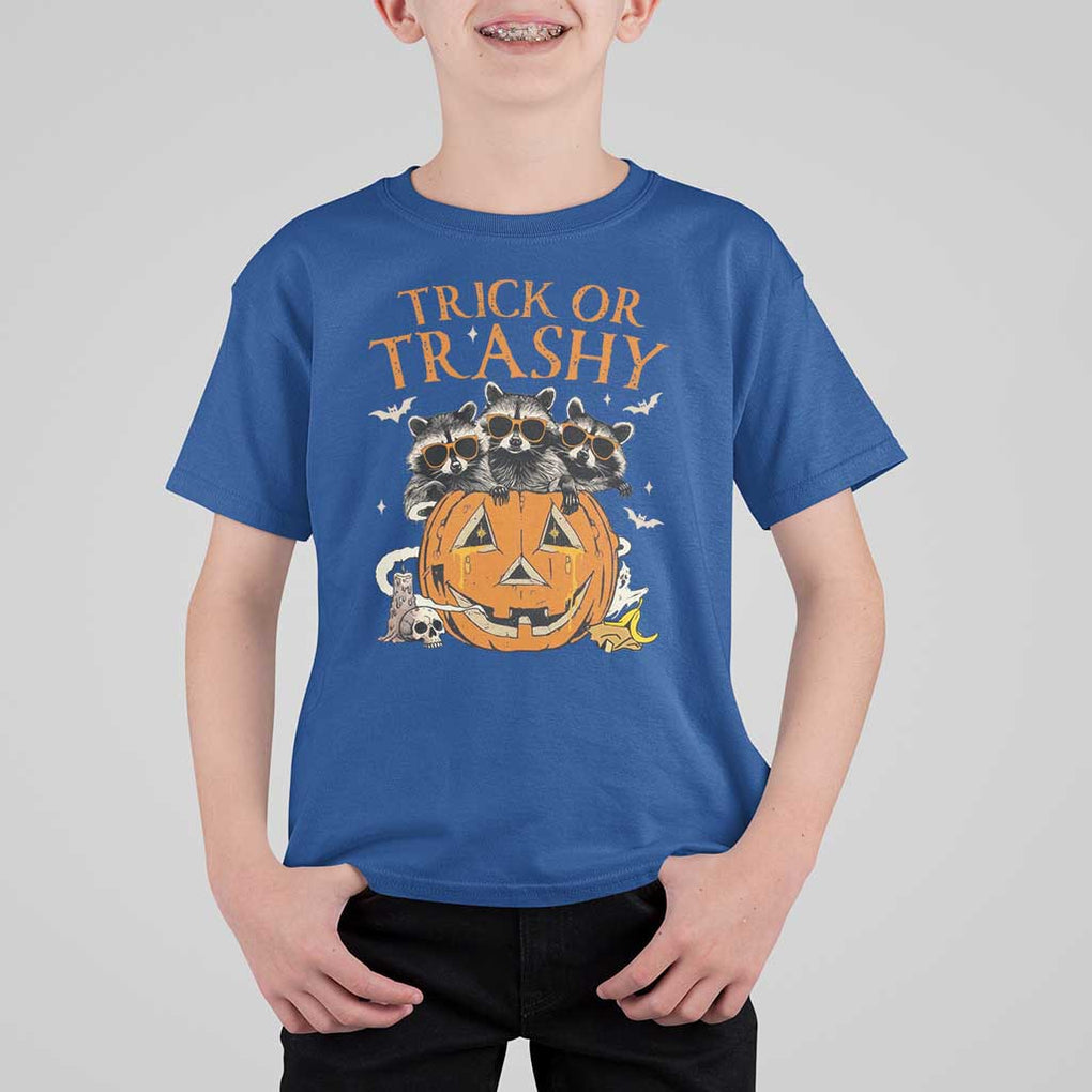 Funny Halloween T Shirt For Kid Trick Or Trashy Racoon Vintage Pumpkin Bat Trash TS11 Royal Blue Print Your Wear